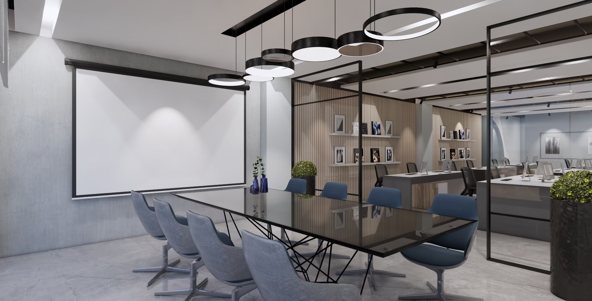 會議室設計，運用玻璃拉門放大空間的視覺感受，也能有效隔絕辦公與會議空間，裡面的黑色玻璃長桌可以容納多人同時開會。